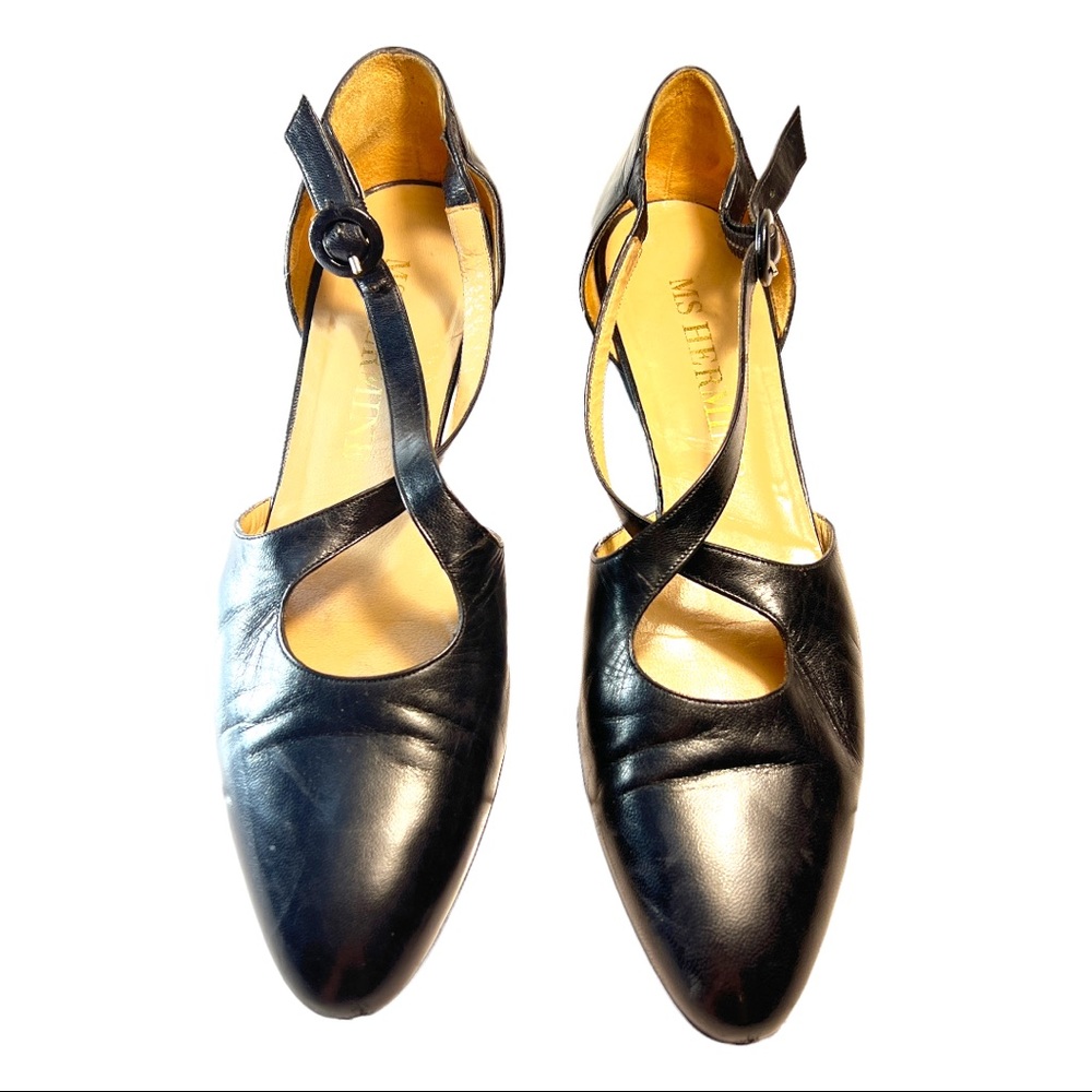 MS HERMINE Classic Black leather low block heels with criss cross straps SZ 11AA